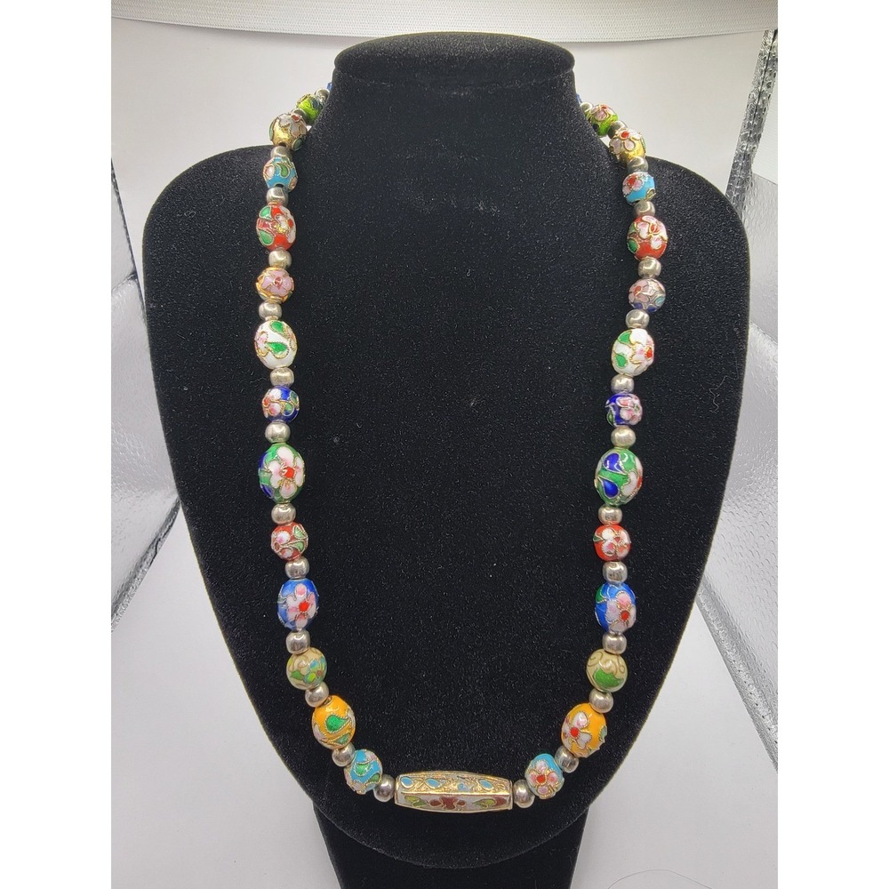 Vintage Chinese Cloisonne Enamel Floral Bead Necklace Boho Eclectic Maximalist